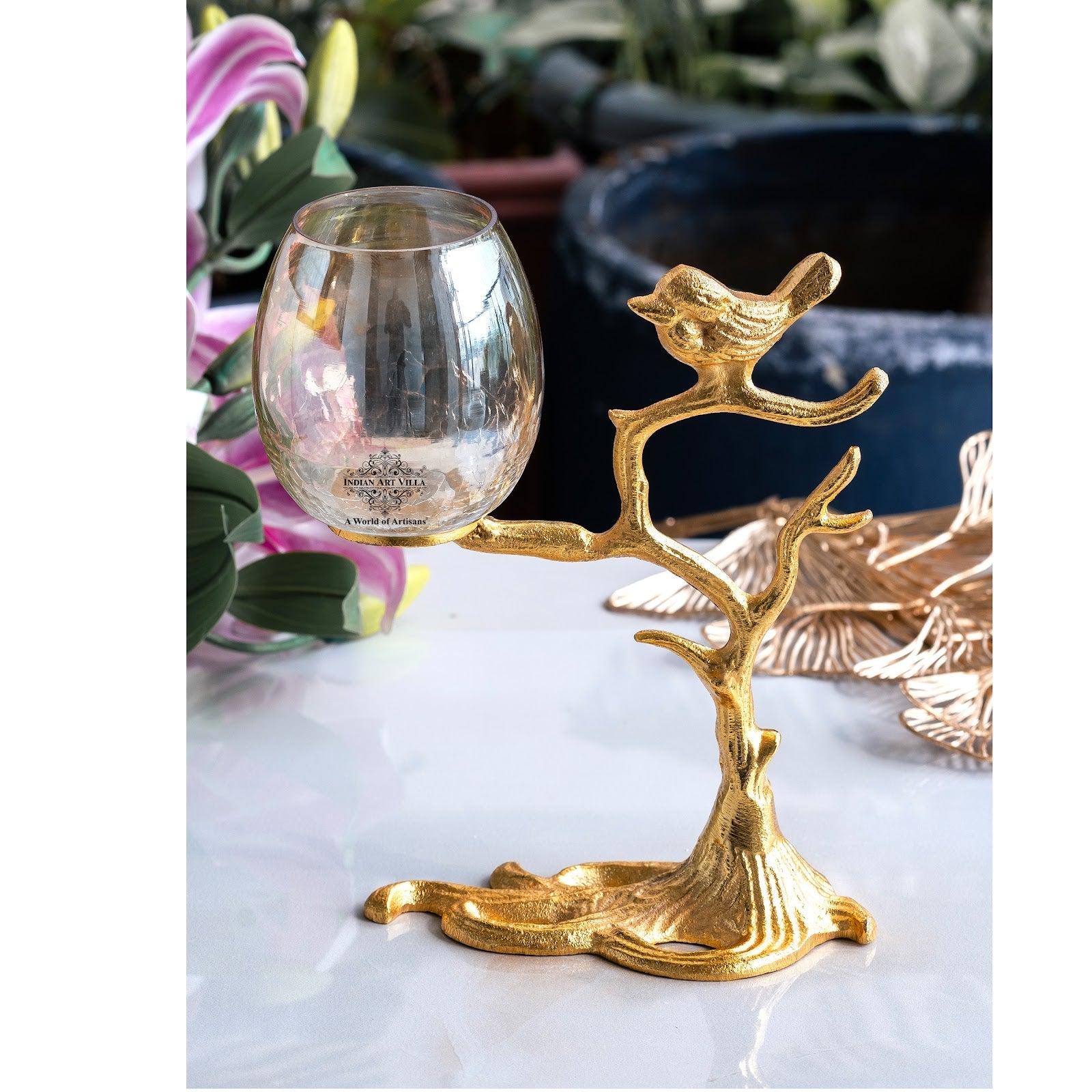 Gold Finish Decorative Candle Holder with Tree Bird Design – Elegant Home Decor Accent For Decoration And Gifting