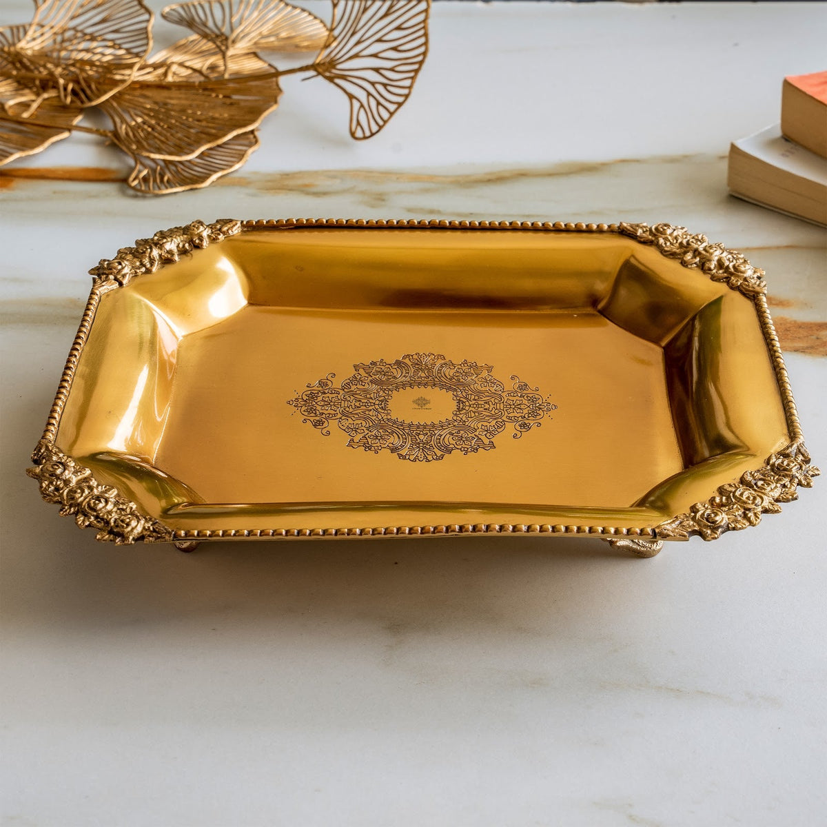 Pure Brass Rectangular Tray with Rose Corner Design