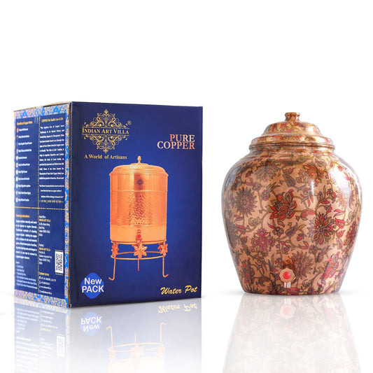 Pure Copper Water Pot | Dispenser | Matka with Printed Flower & Leaf Design, 13 Ltr.