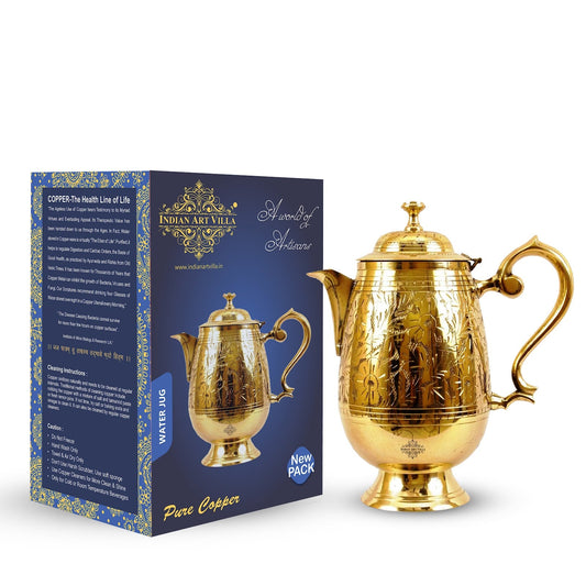 Pure Brass Designer Engraved Jug, Pitcher with Lid & Spout-1000 ml