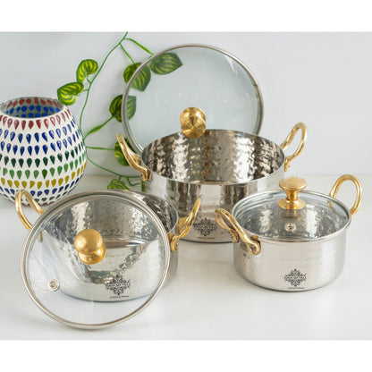 Stainless Steel Serving Bowl with Brass Handles and Glass Lid, Hammered Designs – Elegant Tableware for Home & Restaurant Use
