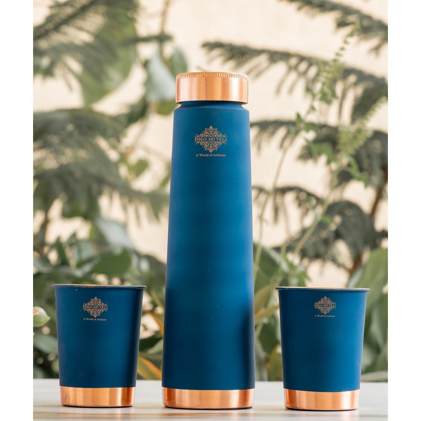 Pure Copper Bottle And Glass Set With Silk Finish Pyramid Design