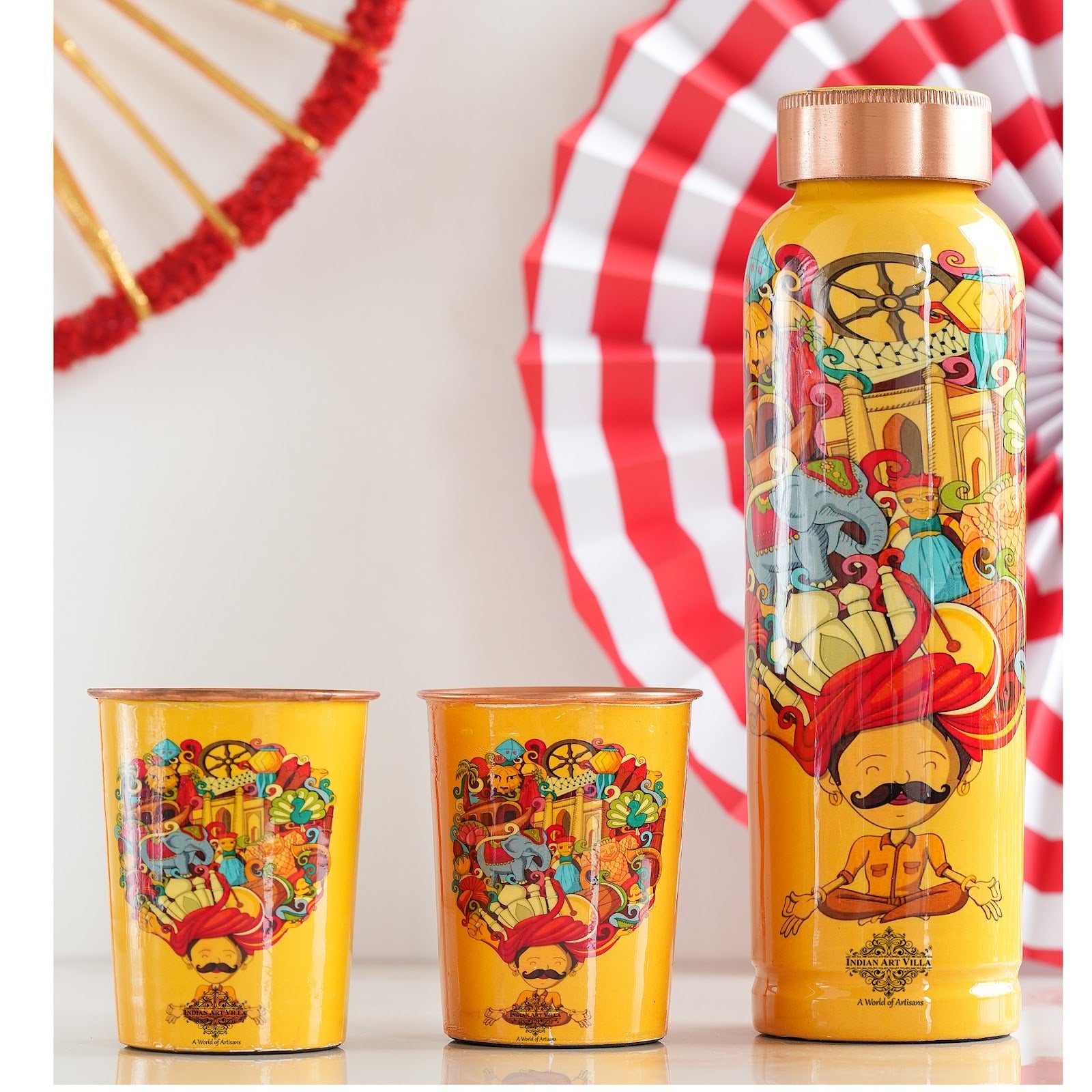 Rajasthani Meena "Padharo Mhare Desh" Printed Copper Bottle & Glass Set