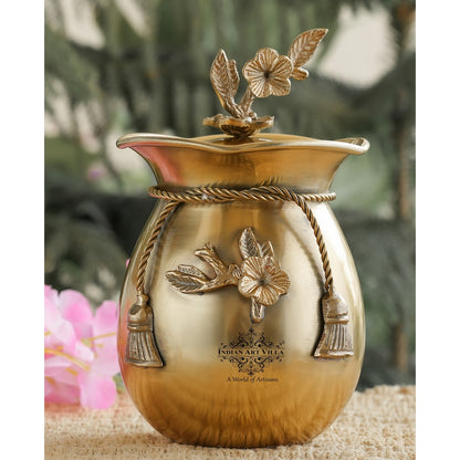 Brass Decorative Handi with Tie Design on Neck and Flower Design Lid