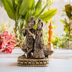 Brass Antique Finish Radha Krishna Standing Idol with Peacock & Cow - 20.32 cm