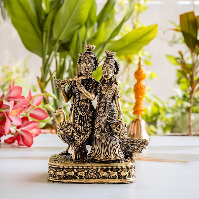 Brass Antique Finish Radha Krishna Standing Idol with Peacock & Cow - 20.32 cm