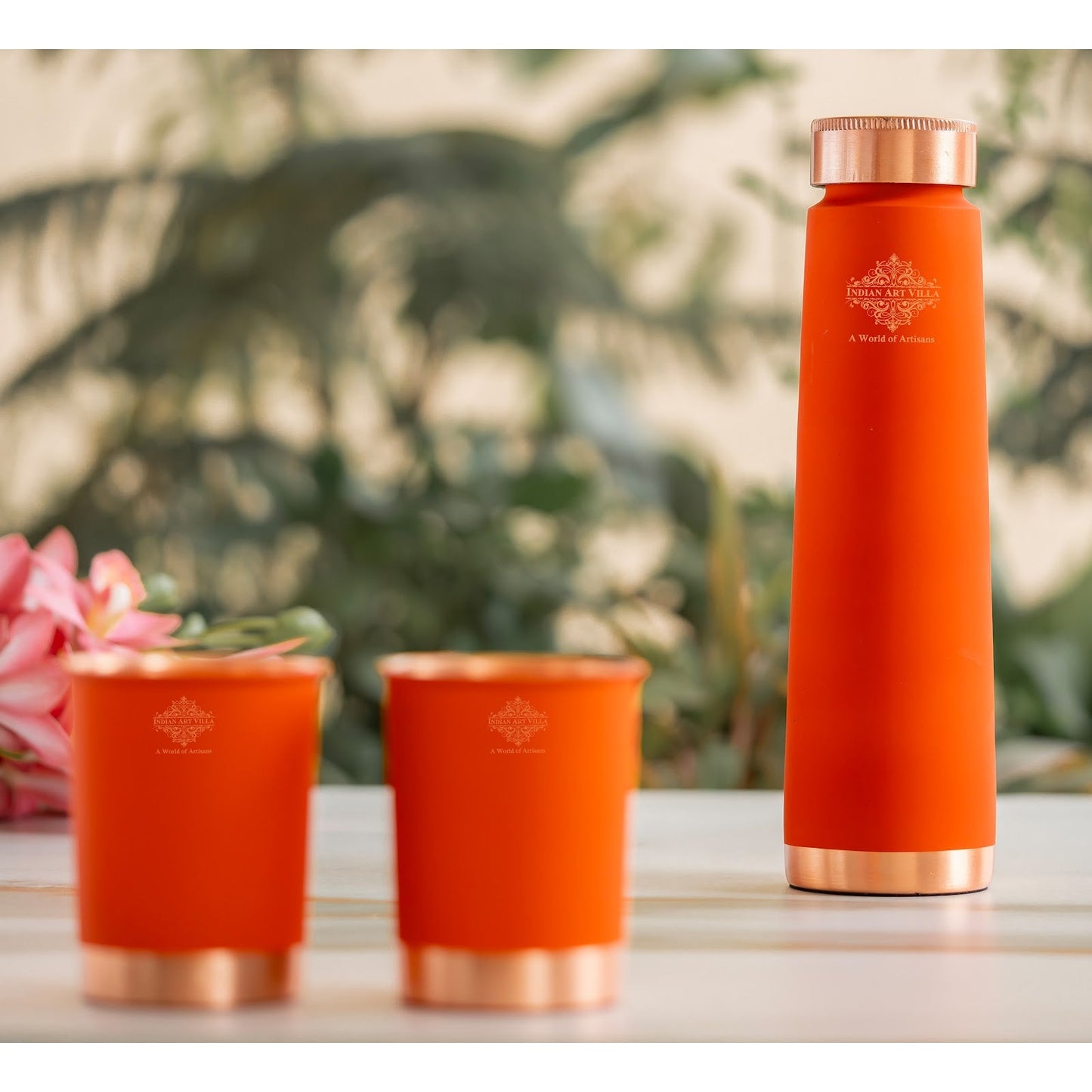 Pure Copper Bottle And Glass Set With Silk Finish Pyramid Design