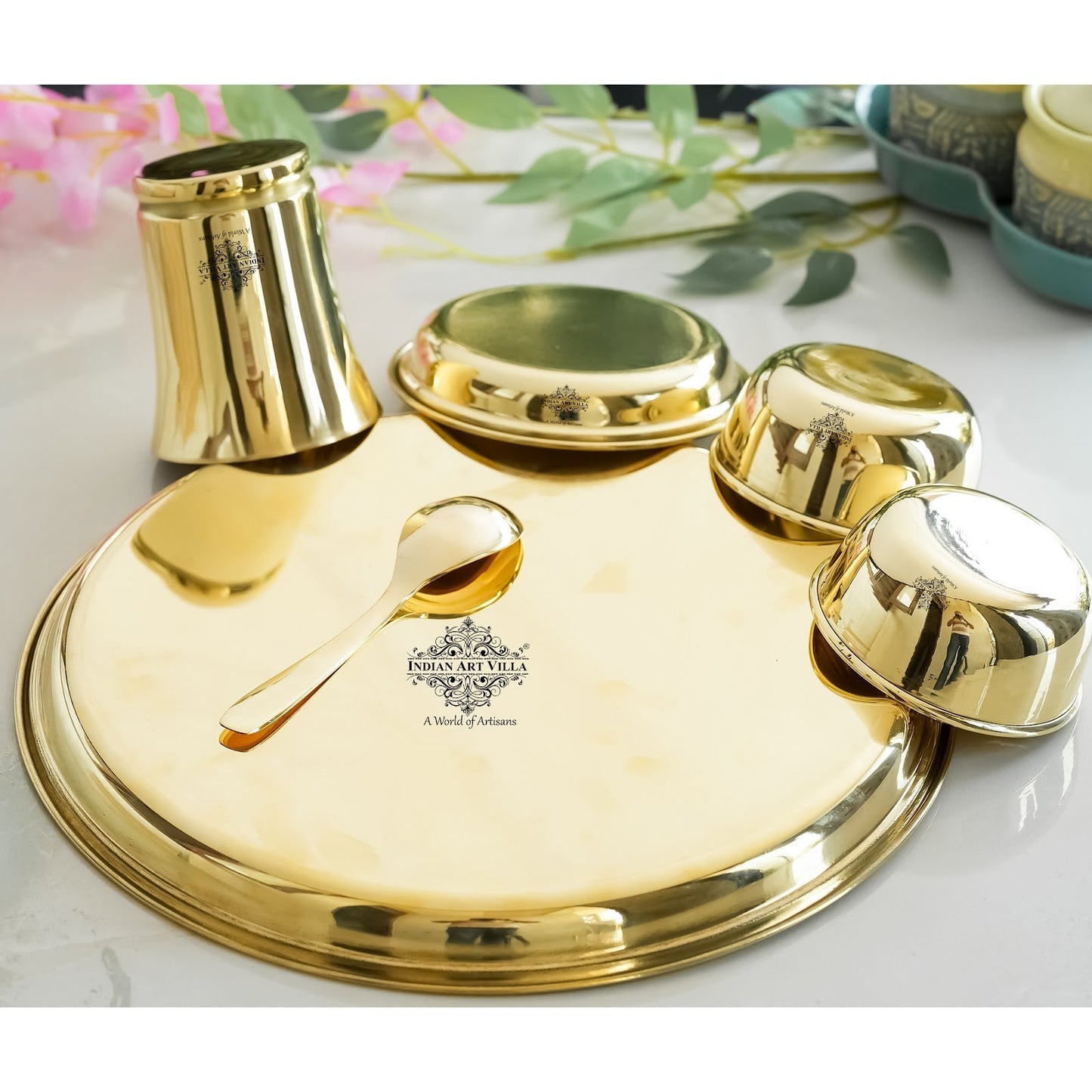 Pure Brass Matt Finish & Hammered 7 Pieces Dinner Set / Thali Set | DinnerWare |