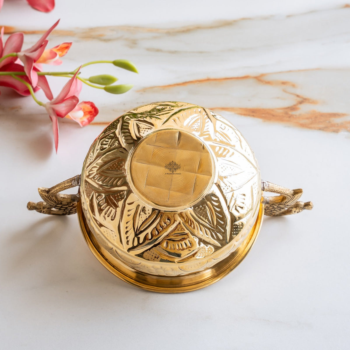 Handcrafted Brass Urli Bowl with Peacock Handles for Décor