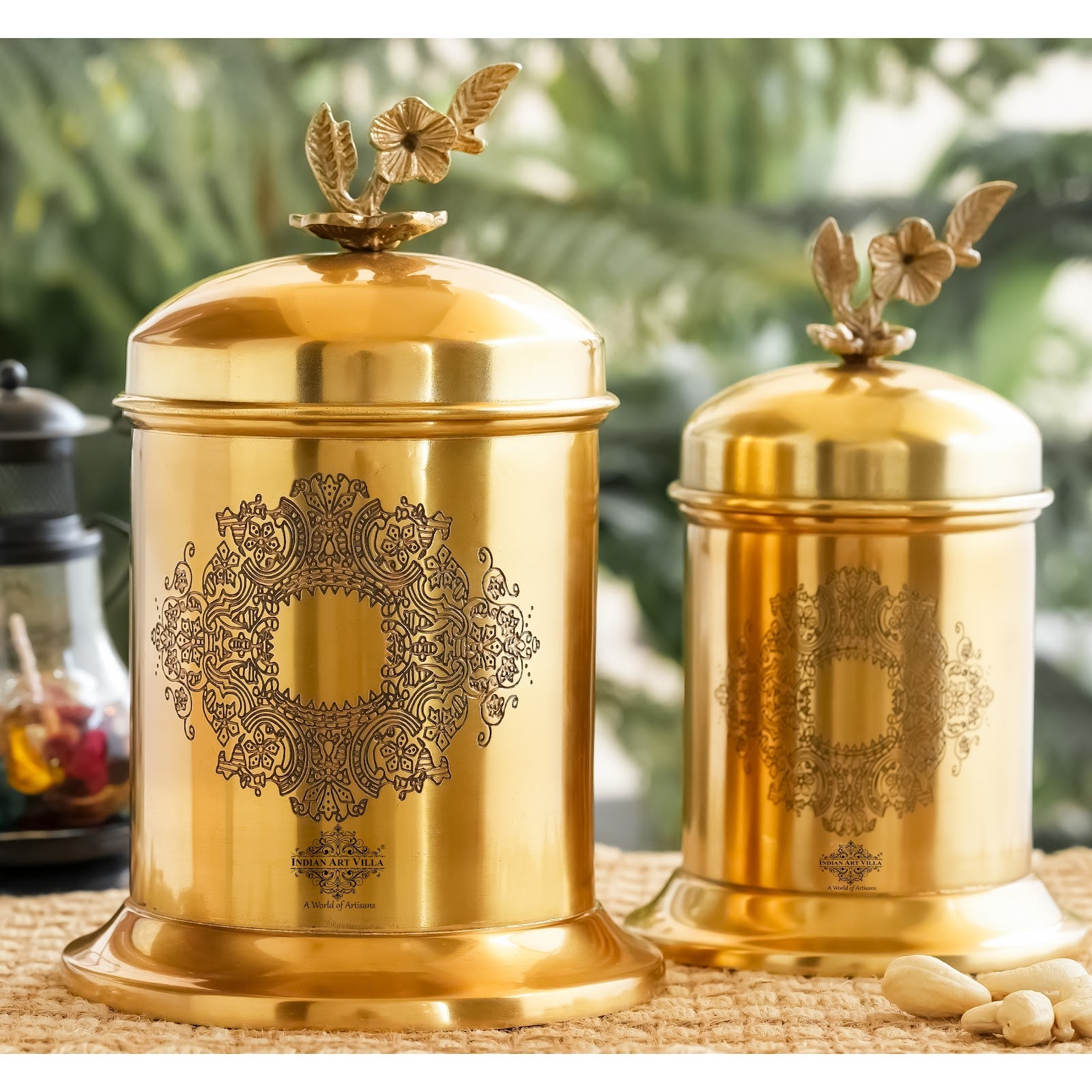 Brass Embossed Dign Jar with leaf knob on lid, Brass Decorative Storage Box