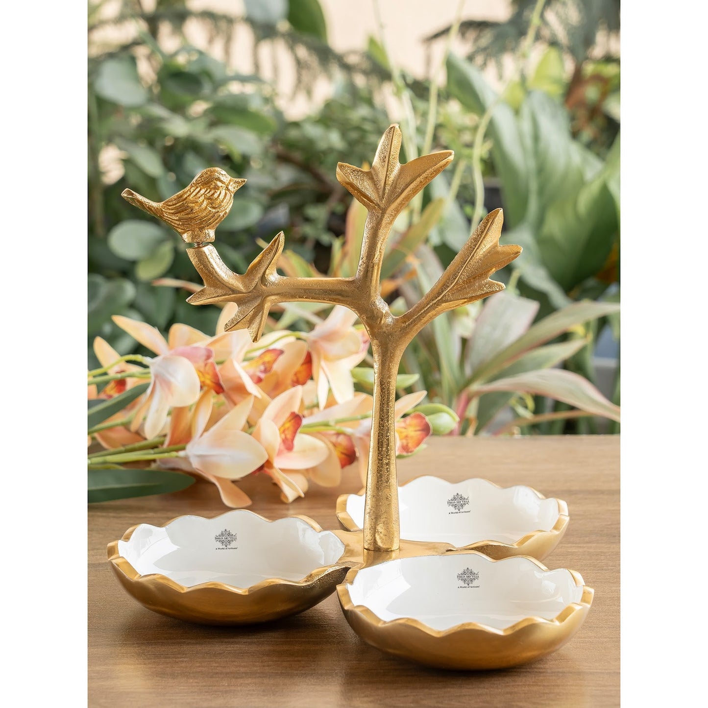 Brass Finish Decorative Dry Fruit Bowl with Bird Design – 3 Components, 170 ML