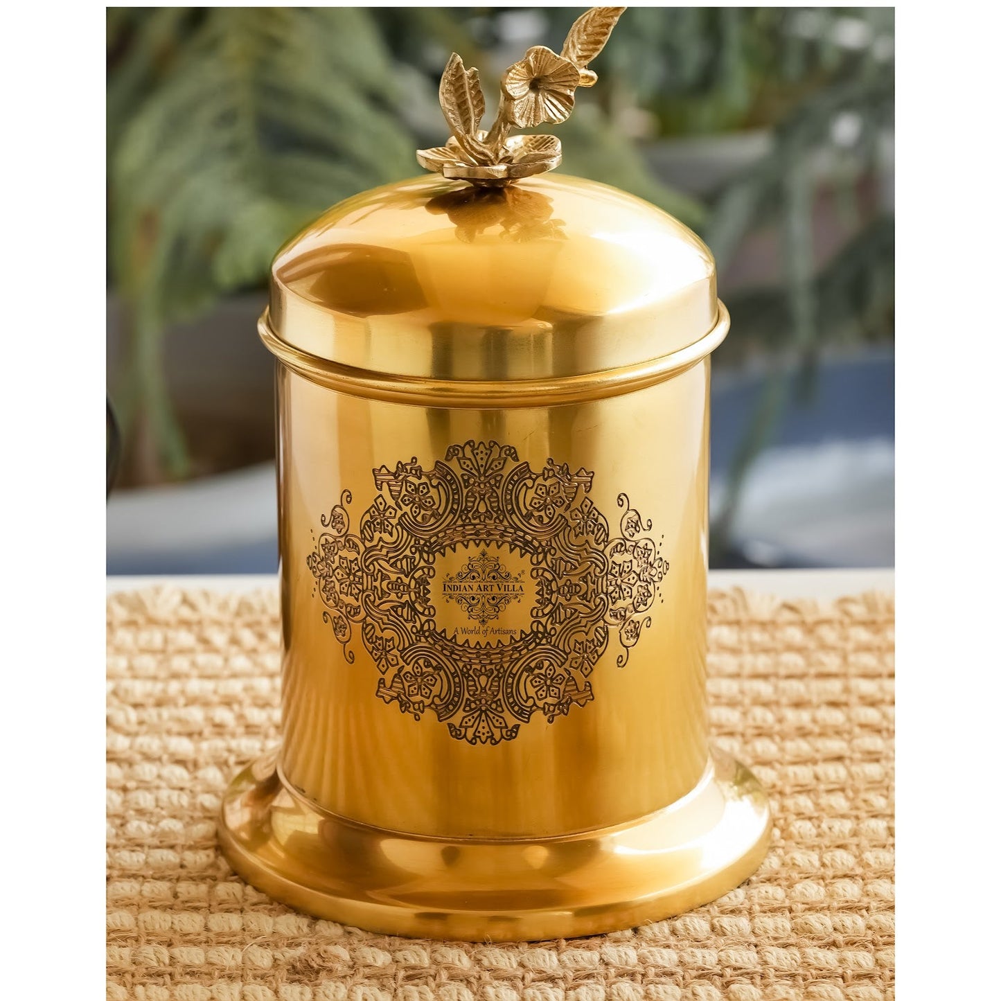 Brass Embossed Dign Jar with leaf knob on lid, Brass Decorative Storage Box