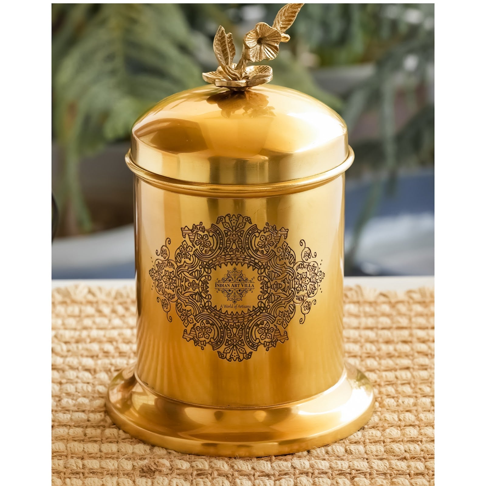 Brass Embossed Dign Jar with leaf knob on lid, Brass Decorative Storage Box