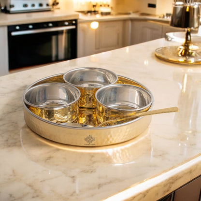 Brass Mukhwas Set – 3 Bowls with 8-Inch Hammered Plate & Spoon | Perfect for Serving Mouth Fresheners, Dry Fruits, Sweets at Home, Parties, Restaurants, and Festive Occasions