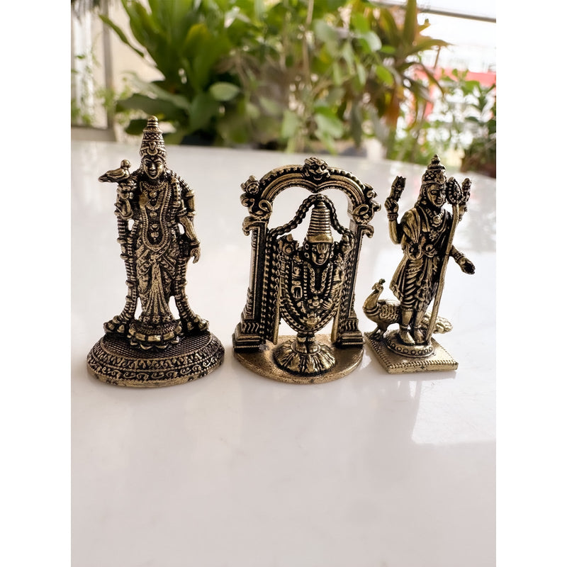 Pure Brass Miniature South Indian Deity Idol Combo for Home Mandir & Décor