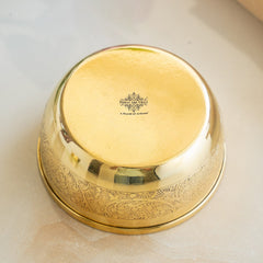 Pure Brass Embossed Design Flat Bottom Bowl, Decorative Dinnerware, Tableware and Serveware for Home Hotel Restaurant, Volume-200 ml