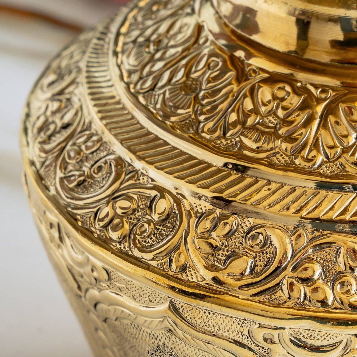 Pure Brass Embossed Design Kalash with Scrollwork & Floral Base - 3950ml