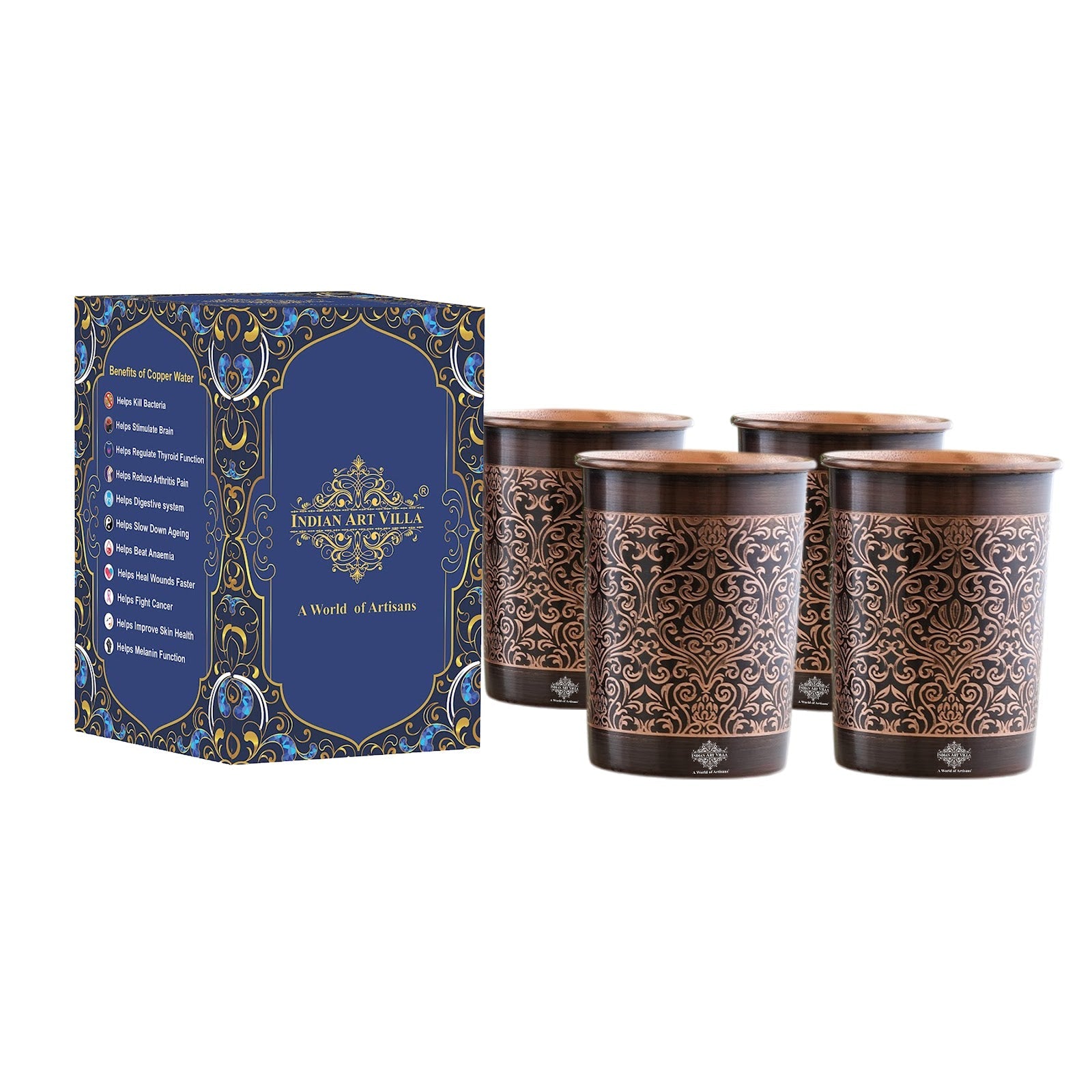 Pure Copper Glass With Handcrafted Embossed Design 275 ML
