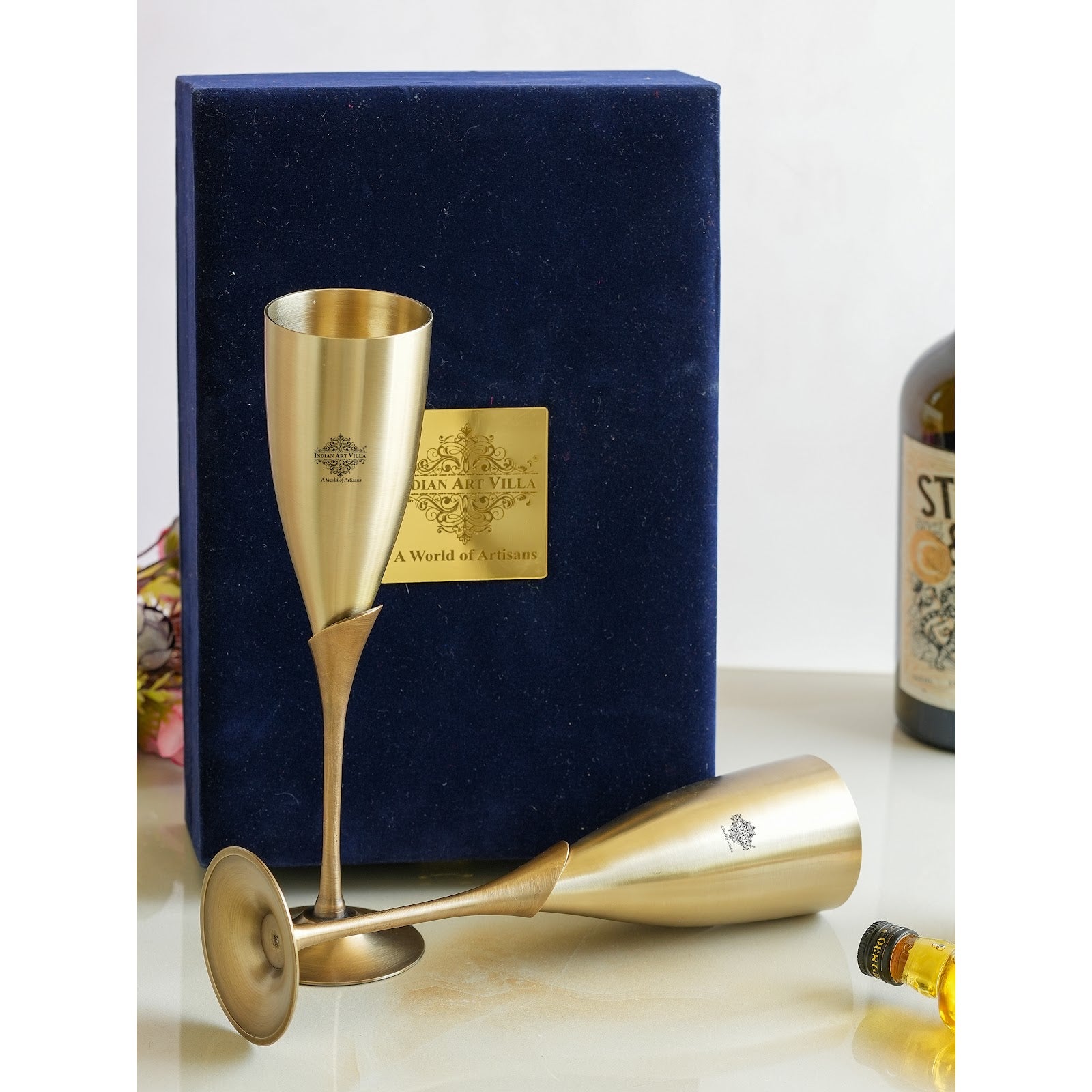 Handmade Pure Brass Set of 2 Antique Finish Champagne Glass Set in Blue Velvet Box