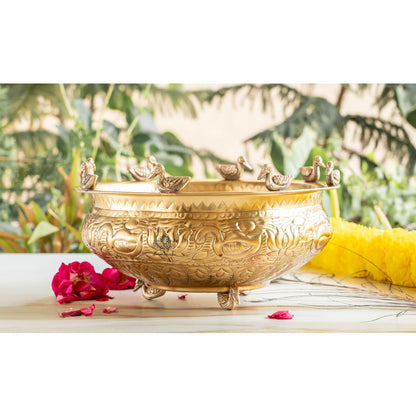 Brass Urli with Embossed Duck & Lotus Flower Design – Traditional Urli
