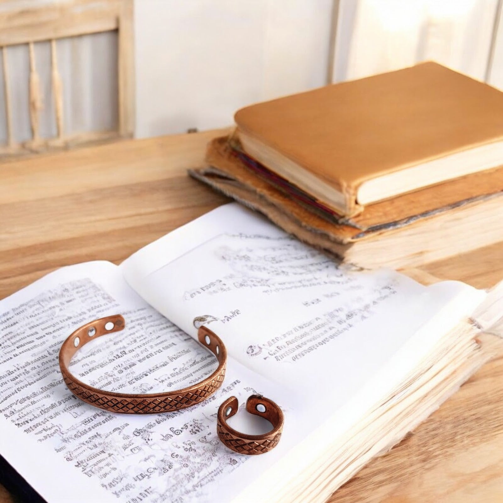 Pure Copper Diamond Design Bangle with Magnet & Matching Ring