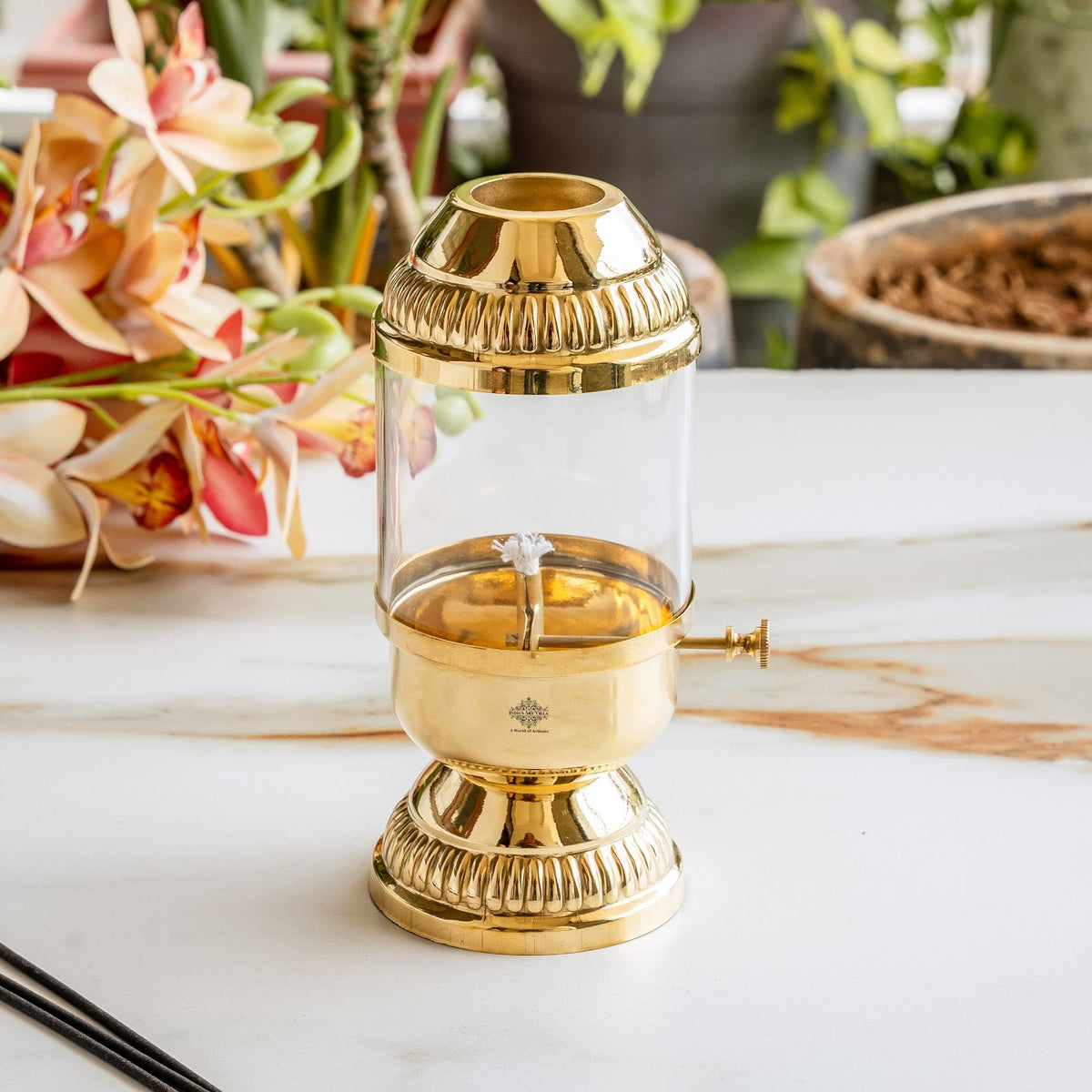 Brass Akhand Diya Oil Lamp with Glass Chimney & Wick