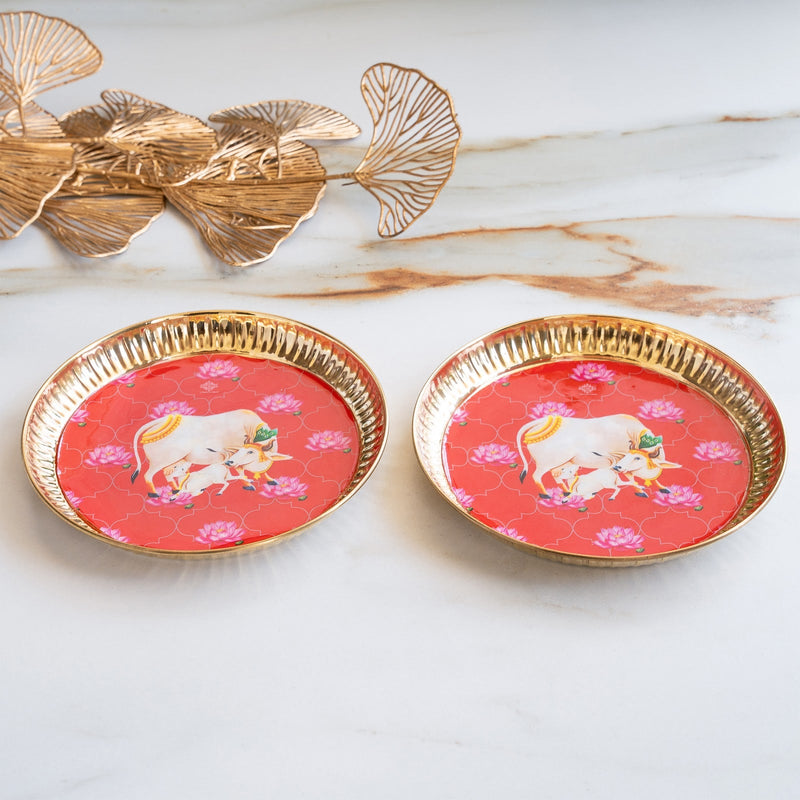 Brass Thali With Pichwai Kamdhenu Print Set Of 2