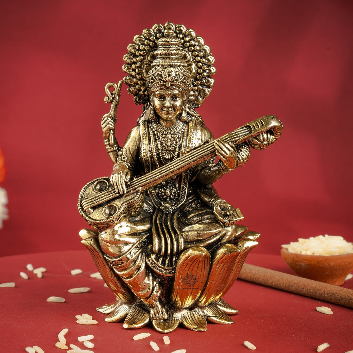 Pure Brass Goddess Saraswati ji Idol- Sitting on Lotus Flower