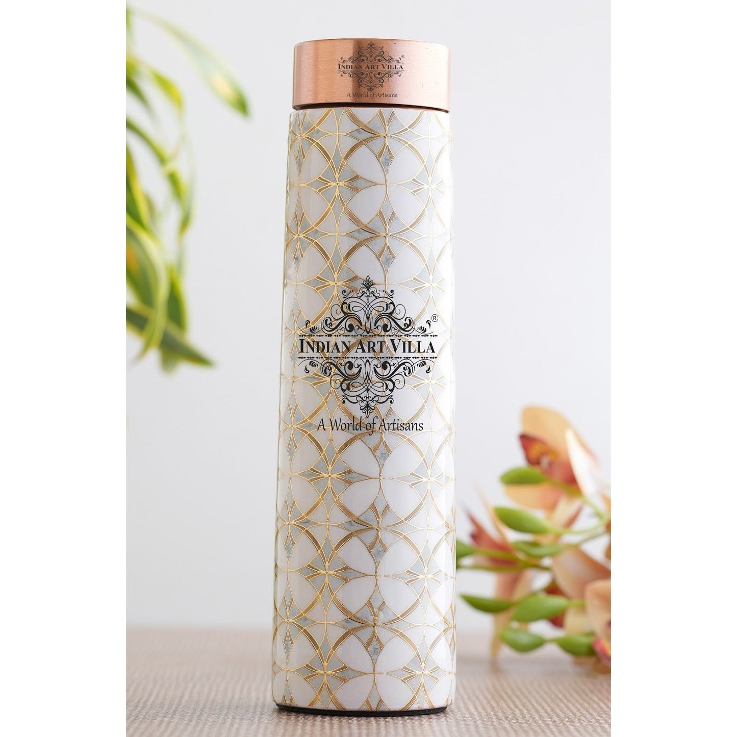 Pure Copper Water Bottle with Pyramid Shape Gold Print Design, 800 ML