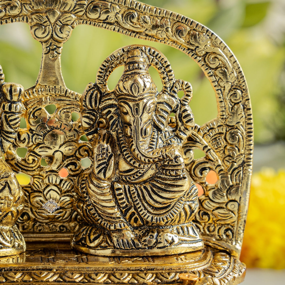 Brass Finish Ganesh Ji With Laxmi JI Murti with Wooden Base