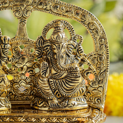 Brass Finish Ganesh Ji With Laxmi JI Murti with Wooden Base