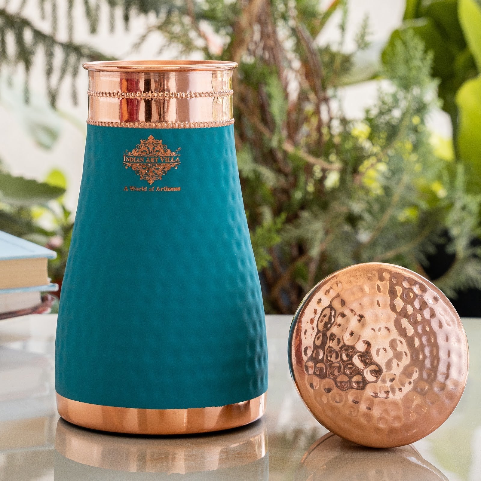 Pure Copper Hammered  Silk Finish Bedroom Bottle with Inbuilt Glass