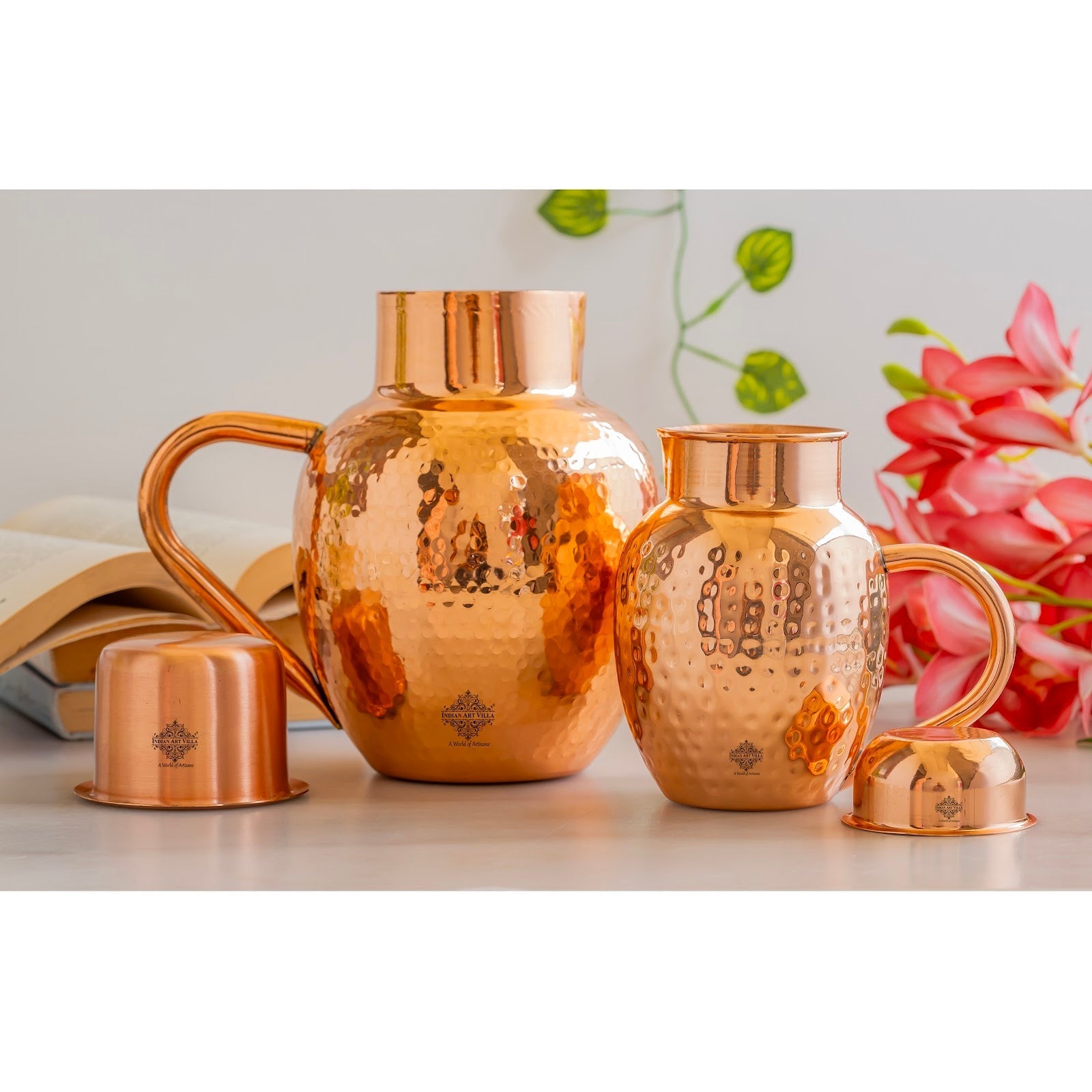 Pure Copper Hammered Surai Jug with Bowl Style Lid