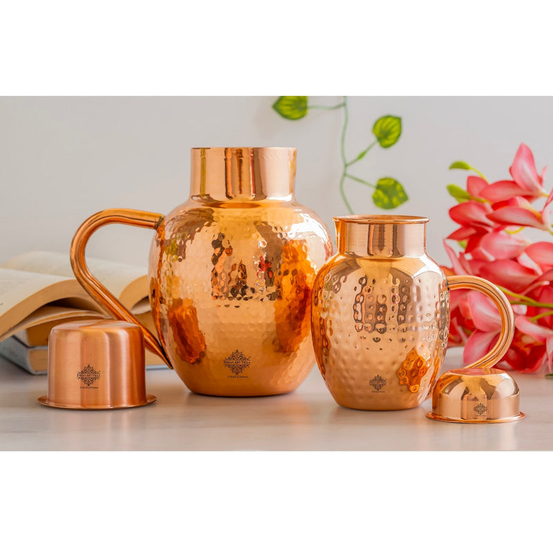 Pure Copper Hammered Surai Jug with Bowl Style Lid