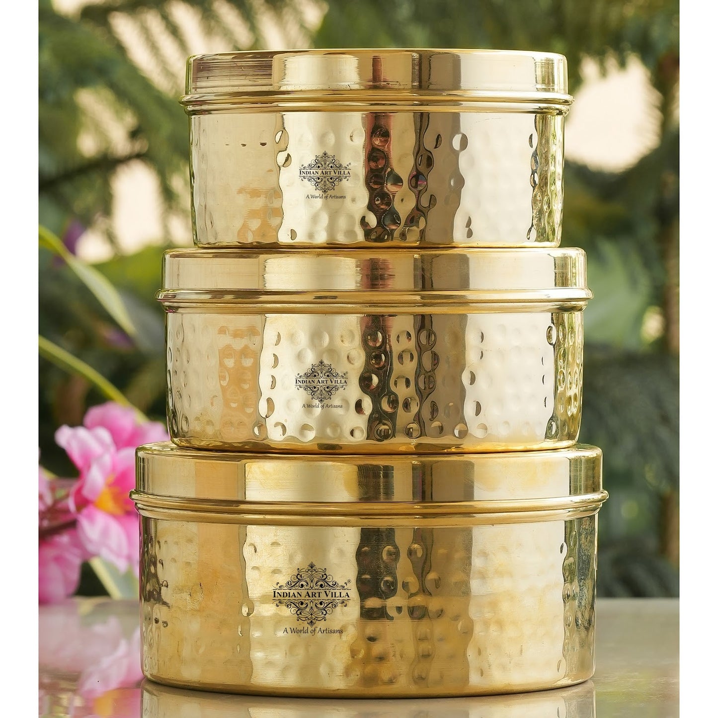 Handmade Brass Storage Container Set with Hammered Design - Set of 3
