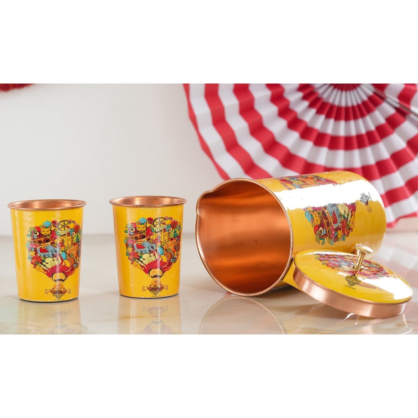 Pure Copper Printed Padharo Mhare Desh Jug & Glass Gift Set