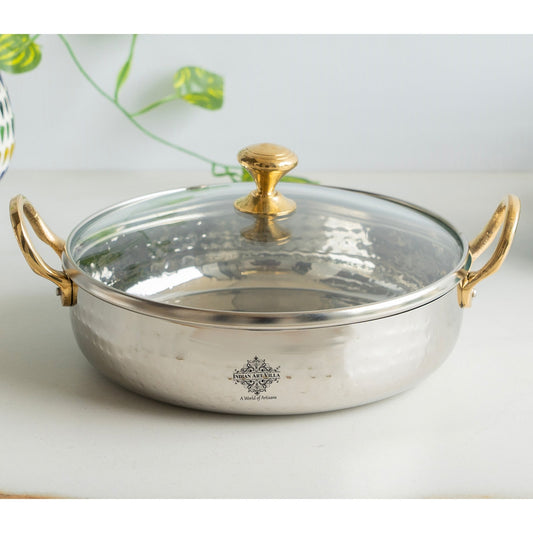 Stainless Steel Hammered Sauce Pan/Bowl with Brass Handles and Glass Lid, Ideal for Sauces, Soups, Gravies, and Cooking