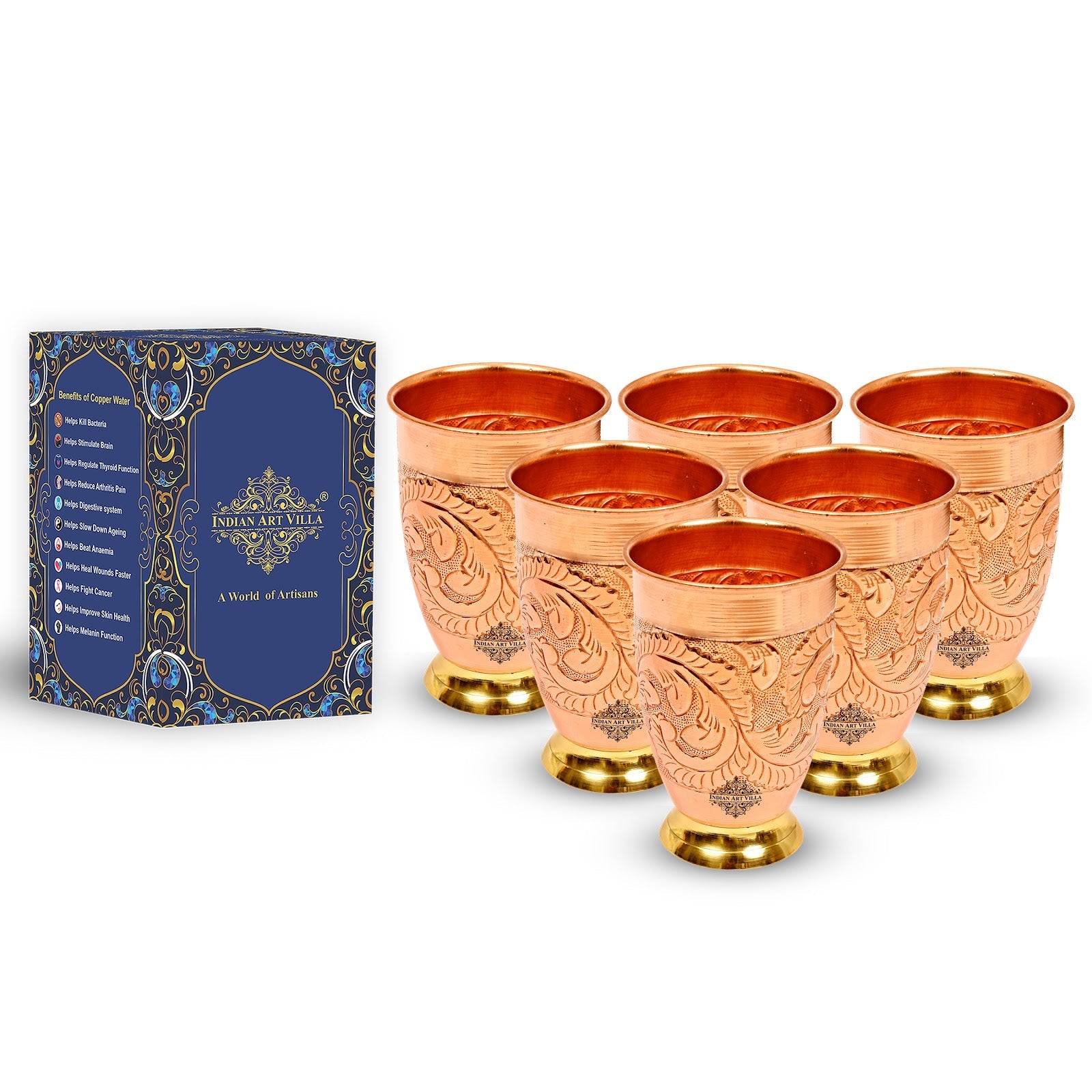 Handcrafted Pure Copper Embossed Design Glass With Brass Bottom