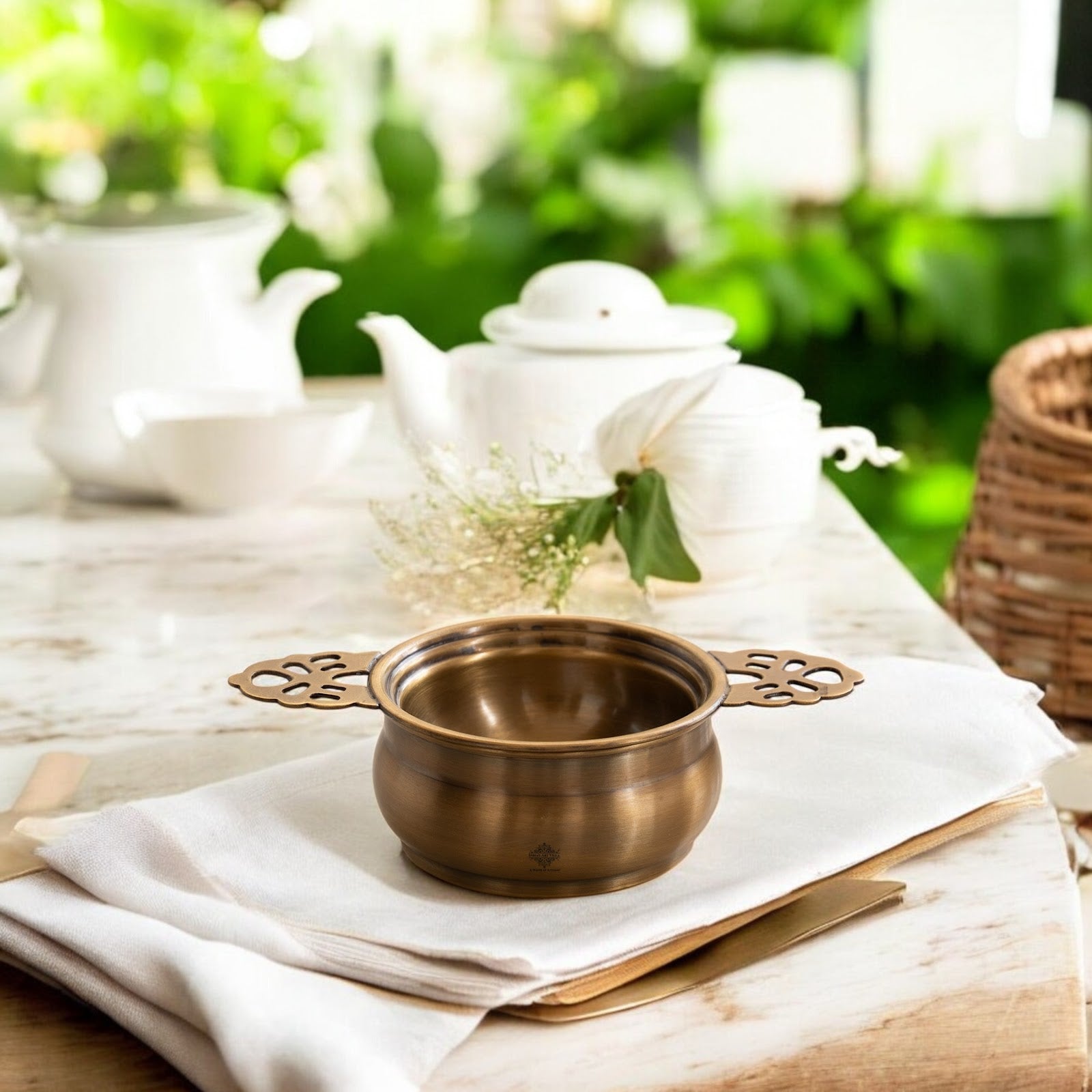 Brass Matt Finish Tea Infuser with Bowl Elegant Chai Chalani
