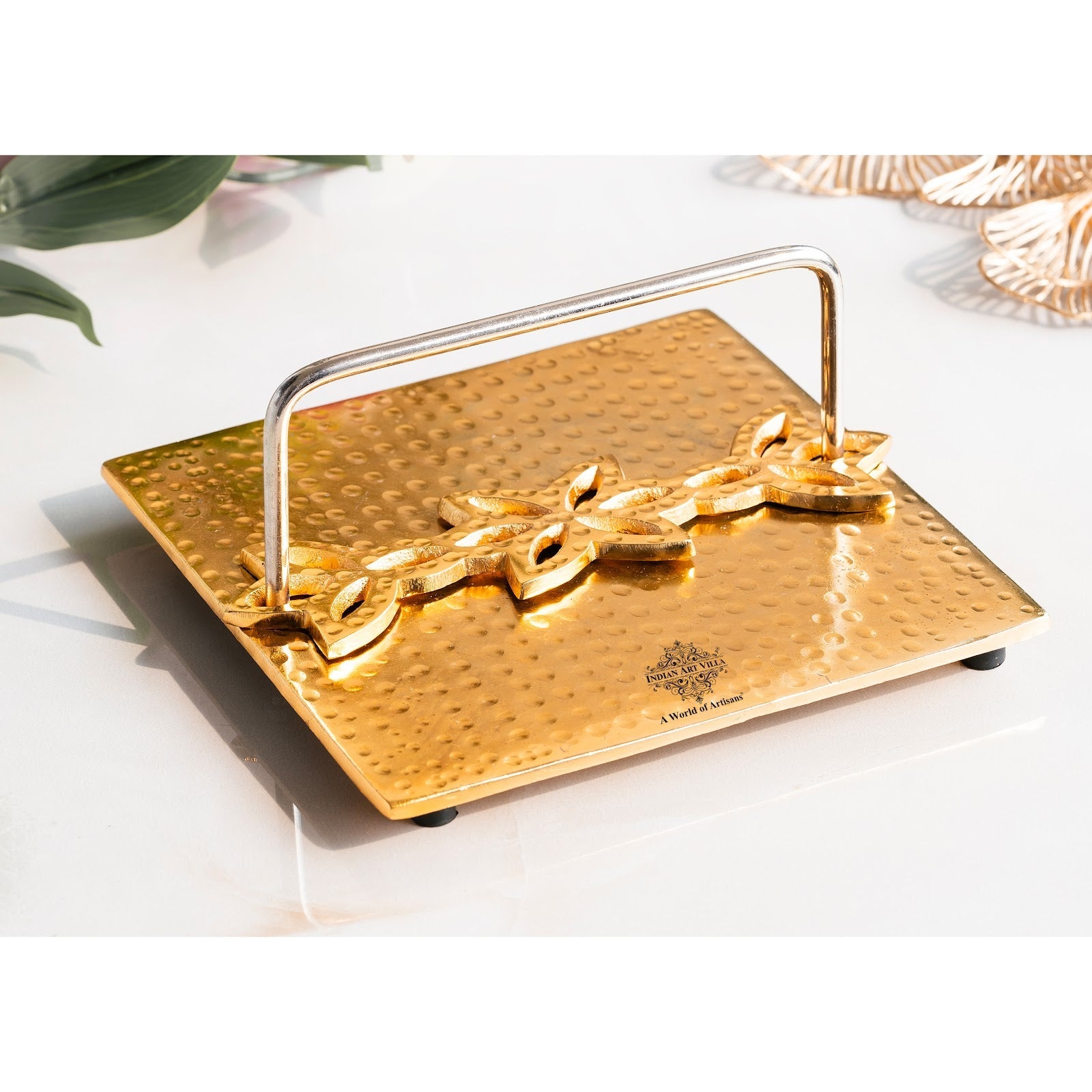 Brass Finish Hammered Napkin Holder with Floral Design - Elegant Table Accessory for Dining, Kitchen, Office, and Gifting