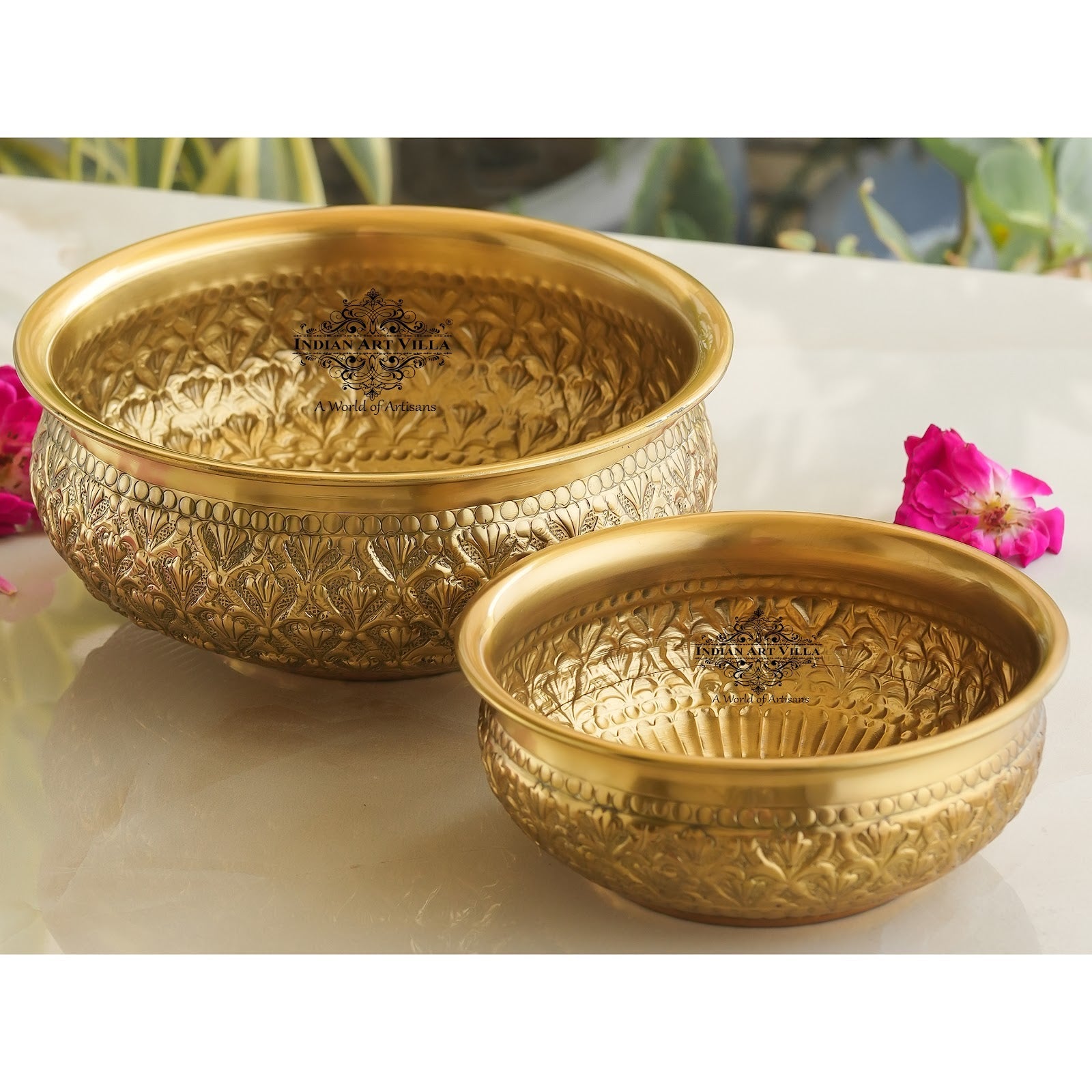 Handcrafted Brass Urli With Embossed Ornate Floral Design