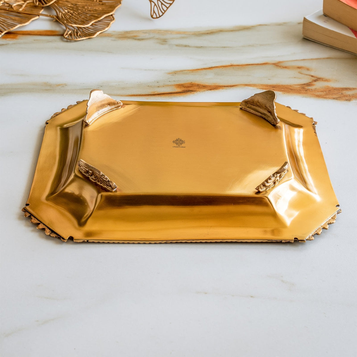 Pure Brass Rectangular Tray with Rose Corner Design