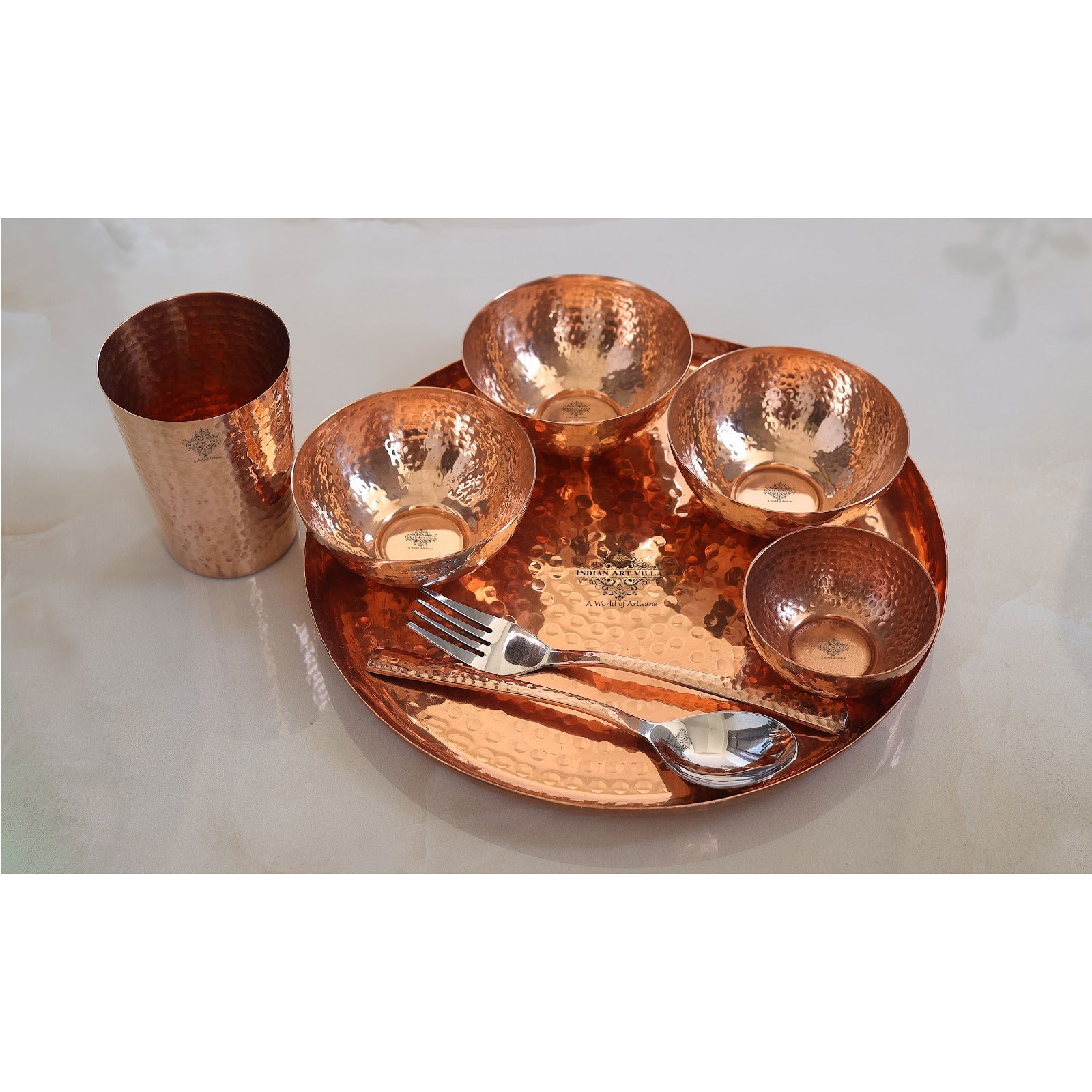 Handcrafted Pure Copper 8 Pieces Dinner Set with Hammered Design