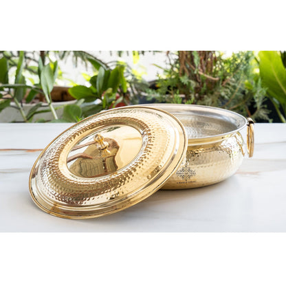 Brass Degchi With Hammered Design, Handle & Inside Tin Lining