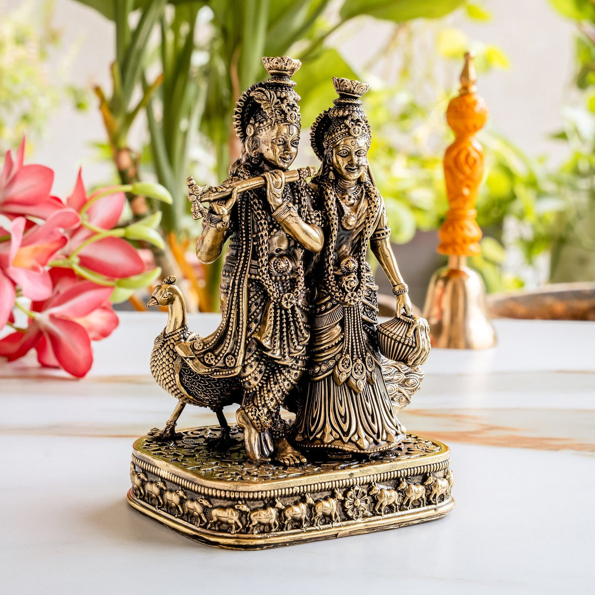 Brass Antique Finish Radha Krishna Standing Idol with Peacock & Cow - 20.32 cm