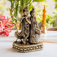 Brass Antique Finish Radha Krishna Standing Idol with Peacock & Cow - 20.32 cm