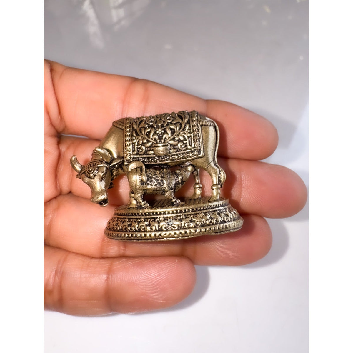 Pure Brass Miniature Kamdhenu Cow with Calf - 2.79 cm