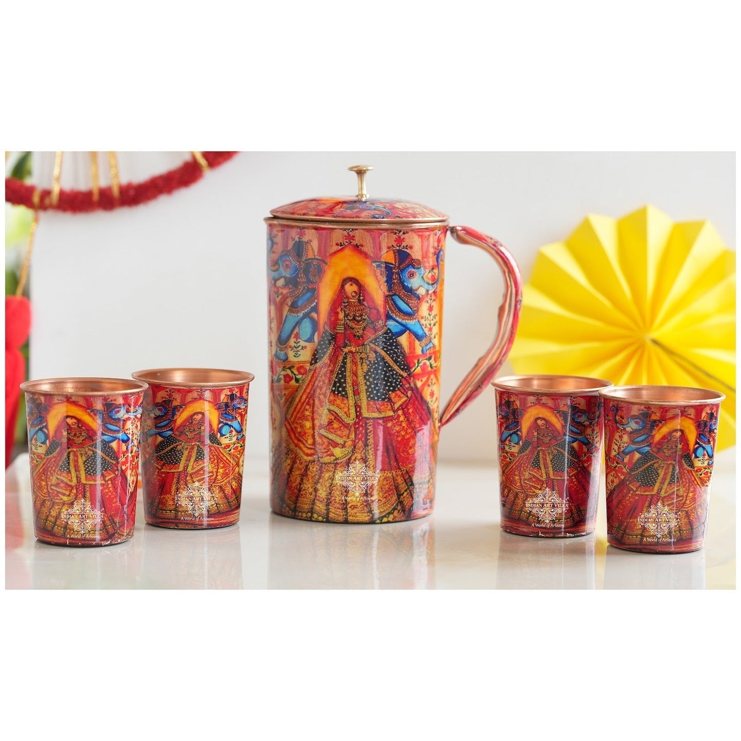 Pure Copper Printed Padharo Mhare Desh Jug & Glass Gift Set