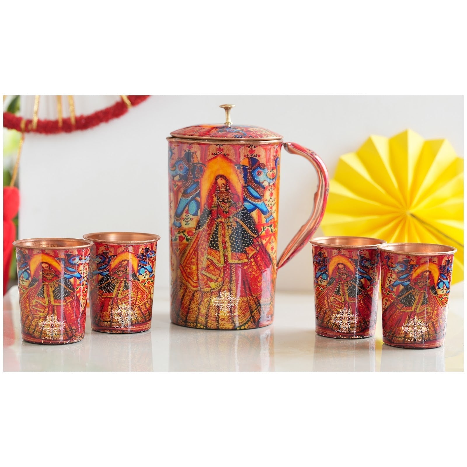 Pure Copper Printed Padharo Mhare Desh Jug & Glass Gift Set