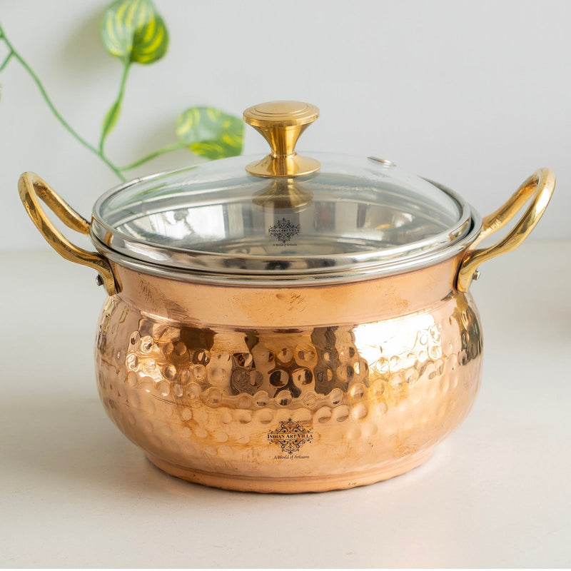 Indian Art Villa, Copper Handi Hammered Design Bowl with Glass Lid Brass Knob &  Handles   – 950 ML,  Tableware & Serveware